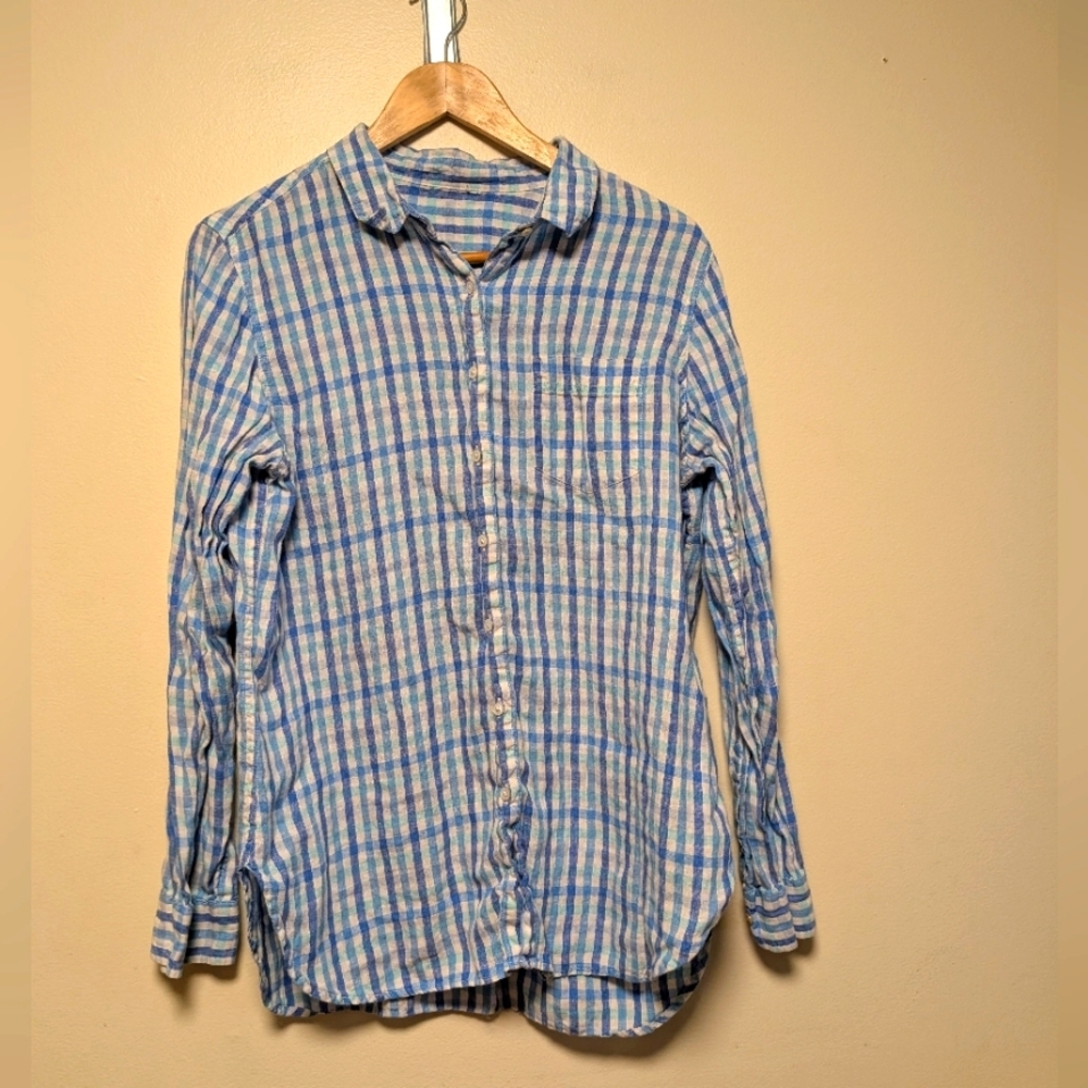 L.L. Bean Linen Button-Up Shirt – Blue Gingham – Size M